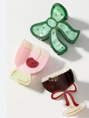 Anthropologie Cocktail Hair Clips, Espresso, ☕️ Cherry 🍒 Green Bow 🎀